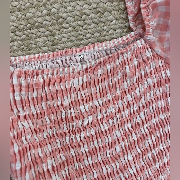 Pink gingham puff sleeve midi dress pink and white womens size small A11 - Picture 2 of 2